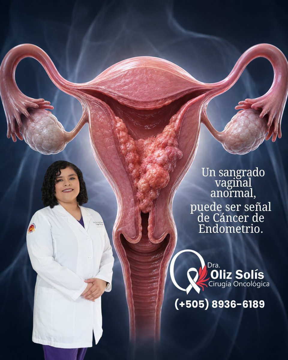 OlizSolis's tweet photo. Un sangrado vaginal anormal o después de la menopausia NO es normal. 🚨⚠️
​Es la principal señal de alerta del cáncer de endometrio. 

​📲 Citas: +505 8936-6189
📍 Atención en: Managua, Masaya, Granada, Matagalpa y Estelí.

​#CancerDeEndometrio #SaludFemenina #CirugiaOncologica https://t.co/wxmQwkBWal