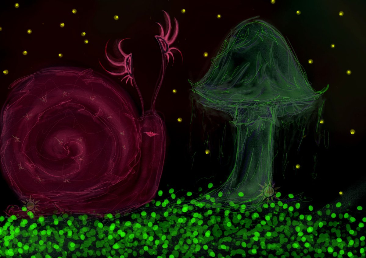 LvM_S7's tweet photo. Can I call this whimsy? I think it fits the vibe.
Anyway, meet the snail Pinklash and her favorite mushroom. 
I drew this a few days ago, and I felt like posting this now 🍄🐌

Hi, to everyone who stopped for a second to look 🌞
#nature #art #snail #mushrooms https://t.co/U49SSDRg10