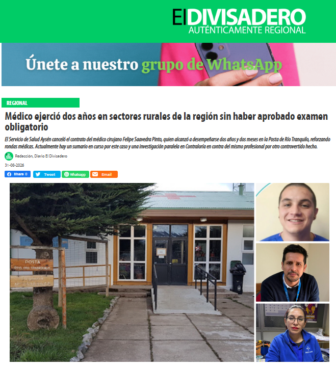 Fenpruss's tweet photo. #EnTerreno #fenprussenlosmedios🔵 Fenpruss Aysén alerta en @ddivisadero  contratación de médico sin Eunacom y exige mayor rigurosidad al Servicio de Salud

https://t.co/LaNDCJhKtE https://t.co/DslJ796HO3