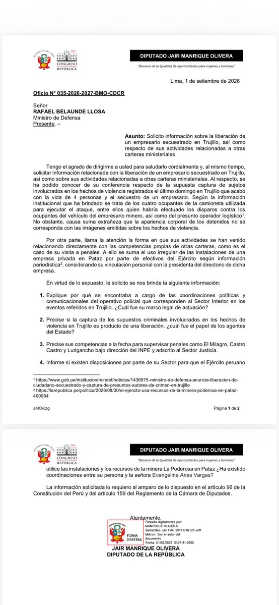 jairahora27's tweet photo. He remitido un oficio al Ministro de Defensa para que explique sus acciones en operativos policiales recientes, sus visitas a diversos penales y su presunta injerencia para que el Ejército use las instalaciones y activos de la minera La Poderosa.
El gobierno debe responder por el caos en la seguridad ciudadana. Tenemos ministros que asumen competencias que no les corresponden y otros que brillan por su ausencia. Con esa desidia, ni siquiera son capaces de remover a Arriola.

#gobierno #peru