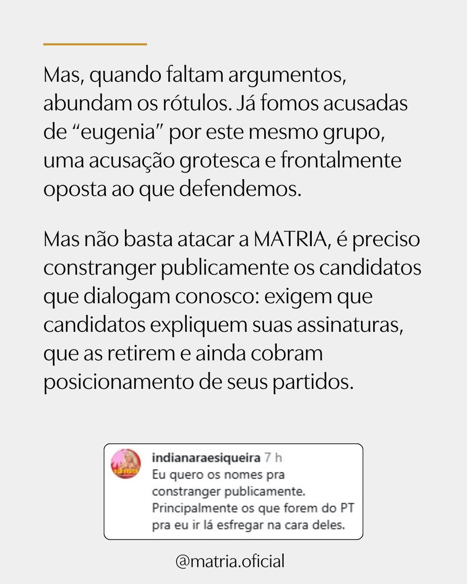MATRIAoficial's tweet photo. Caso Frente LGBTIA+ RJ:  autoritarismo 
e consenso forjado.

A nota da Frente LGBTIA+ contra a MATRIA e contra os candidatos que assinaram nossa Carta-Compromisso revela muito mais sobre o método político de quem a escreveu do que sobre nós.

Comecemos pelo básico: direitos das mulheres não são uma invenção inconveniente da MATRIA.

A Constituição reconhece homens e mulheres como categorias jurídicas e prevê proteções específicas às mulheres baseadas no sexo. 

Defender direitos baseados no sexo e exigir que sejam respeitados é absolutamente legítimo e dentro dos próprios parâmetros legislativos.

Mas, quando faltam argumentos, abundam os rótulos. Já fomos acusadas de “eugenia” por este mesmo grupo, uma acusação grotesca e frontalmente oposta ao que defendemos. 

Mas não basta atacar a MATRIA, é preciso constranger publicamente os candidatos que dialogam conosco: exigem que candidatos expliquem suas assinaturas, que as retirem e ainda cobram posicionamento de seus partidos.

A mensagem é clara: dialoguem com a MATRIA e serão prejudicados. Assinem nossas propostas e serão pressionados a recuar.

Esse método parece funcionar: duas candidaturas do PT que haviam assinado a Carta-Compromisso recuaram diante da pressão da militância.

Mas vale perguntar:
- que tipo de construção política se pretende fazer pela intimidação?
- de que vale uma assinatura retirada pelo constrangimento? 
- que valor tem uma adesão obtida pelo medo?

A MATRIA jamais quereria que um político diga se comprometer com as pautas que defendemos por obrigação ou pressão. 

Queremos políticos que leiam nossas propostas, conversem conosco, façam suas próprias avaliações e, se concordarem, assumam publicamente esse compromisso.

Do contrário, qual o interesse?

Decisões tomadas de forma informada e independente significam autonomia política. E democracia.

A MATRIA não exige que candidatos deixem de conversar com movimentos LGBTIA+. Até porque existem demandas importantes e legítimas nesses grupos.

Não exigimos punições aos que acham que mulher é um sentimento autodeclarado, não fazemos listas de quem pode ou não ser ouvido.

Nós apresentamos propostas.
Os candidatos decidem.

Porque quem tem argumentos, debate. Quem não consegue vencer o debate é que tenta controlar quem pode participar dele.

E há uma ironia ainda maior nessa história.

Quando a Frente fala em “população LGBTIA+”, fala basicamente da letra T.

A MATRIA reúne massivamente mulheres lésbicas e bissexuais, em proporção absurdamente maior do que sua representação na população geral. 
32% das nossas associadas são lésbicas e bi. Nós também fazemos parte da “população LGBTIA+”.

A letra T não fala em nome de todas as outras letras.

Por fim, observem como o suposto consenso da esquerda sobre as demandas do transativismo vem sendo forjado:

Candidatos de esquerda que reconhecem sexo como marcador relevante são pressionados, atacados, silenciados e excluídos.

Os grupos que fazem essa pressão justificam dizendo que defender tal posição é “coisa de direita”.

Depois, tentam transformar o resultado da pressão que exerceram em prova de que não existe tal posição na esquerda.

Percebem o mecanismo?

Primeiro, constrangem. Depois, usam o constrangimento para produzir a aparência de consenso.

E é justamente por isso que a nossa Carta-Compromisso é tão importante.

Ela rompe esse mecanismo ao afirmar que há políticos na esquerda que defendem políticas baseadas na realidade material do sexo e que candidatos podem assumir esse compromisso sem precisar pedir autorização a nenhum grupo de pressão.

A reação da Frente LGBTIA+ RJ não enfraquece a Carta-Compromisso a MATRIA. Pelo contrário, demonstra sua relevância.

Se fosse uma questão irrelevante, ninguém precisaria pressionar candidatos a retirar suas assinaturas.

Se fosse uma posição exclusivamente “de direita”, não seria necessário tentar impedir que pessoas de esquerda a defendessem publicamente.

Lembramos, mais uma vez, que a Pesquisa Nacional de Opinião realizada em 2024 pela IRG Pesquisa mostrou que 67,8% das pessoas que votaram em Lula para presidente em 2022 se opõem ao acesso de homens que se identificam como mulheres a políticas públicas pensadas para mulheres.

O medo dos grupos transativistas é que essa maioria dentro da esquerda passe a expressar publicamente suas opiniões.

Por isso o desespero para silenciar quem ousa se manifestar é cada vez maior.

A existência da Carta-Compromisso da MATRIA torna visível justamente aquilo que alguns querem manter invisível: há disputa política dentro da própria esquerda sobre questões ligadas a “identidade de gênero”, e as mulheres estão organizadas para participar dela.
