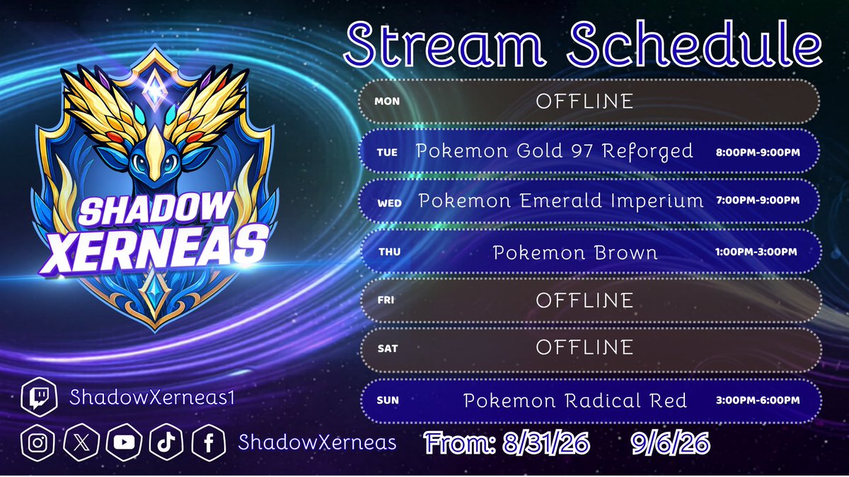 ShadowXerneas's tweet photo. Hopefully I will be able to stick with this stream schedule. But if anything changes I'll let you know. https://t.co/TFI4TCdgTa