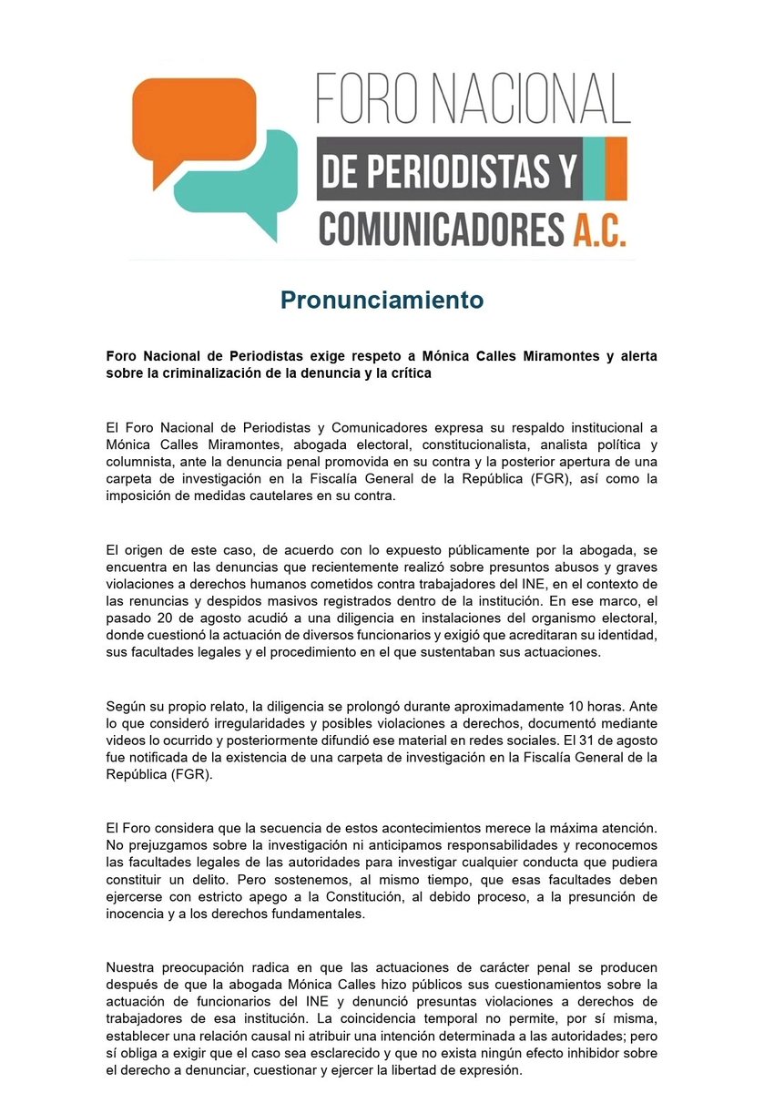 moni_calles's tweet photo. 📣 FORO NACIONAL DE PERIODISTAS exige respeto a Mónica Calles Miramontes y alerta sobre la criminalización de la denuncia y la crítica 📣

Agradezco al Foro Nacional de Periodistas su pronunciamiento y respaldo.

Soy investigada y denunciada penalmente por haber defendido derechos y por denunciar abusos de autoridad que se cometen dentro del @INEMexico. 👇🔗

@Presidencia_INE @C_Humphrey_J @NormaIreneD @RitaBellLpz @Montano_Ventura @Uuckib @MartinFazMora @Frida_Lego @BlancaYCG @tabanozahir #ArturoCastillo

#AbusoDePoder #Autoritarismo #Electoral #Elecciones2027
 https://t.co/XZIryKBlEg