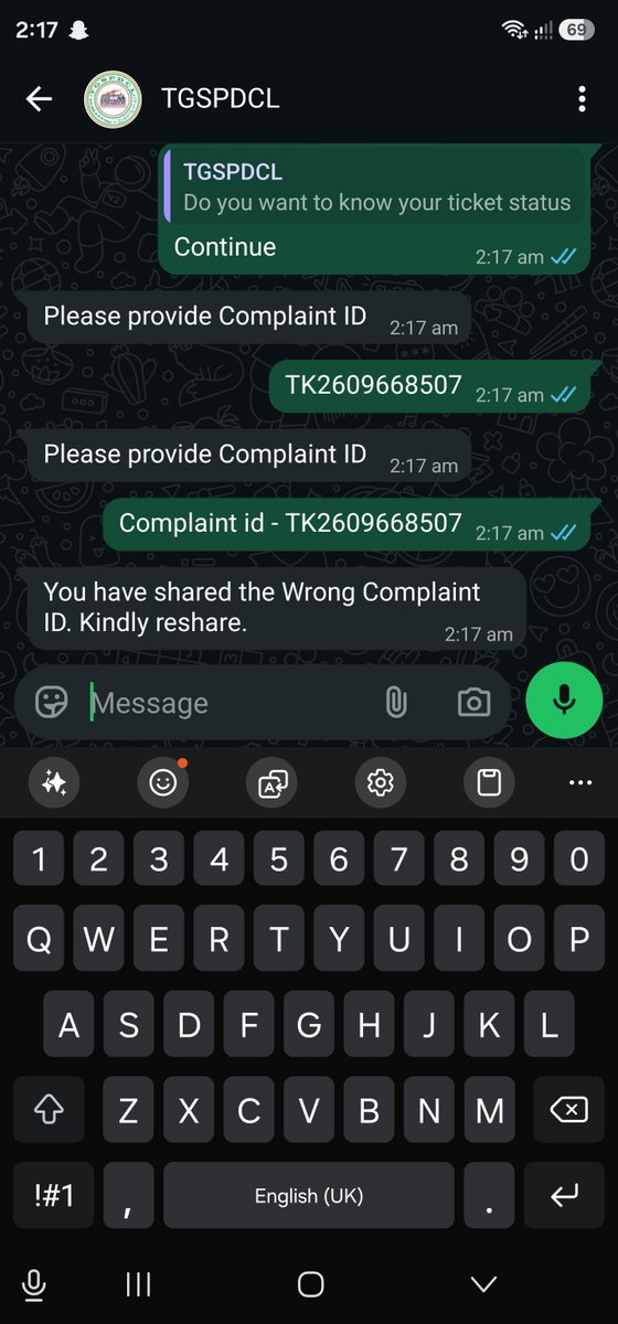 Wretcher4's tweet photo. @tgspdcl 
The complaint id you gave me is invalid says your whats app https://t.co/qILQKCdInM