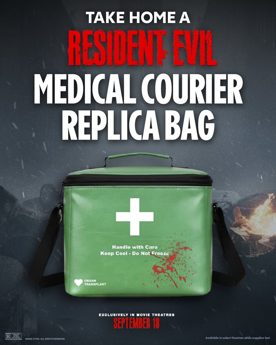 RENews_X's tweet photo. 🫀Cinemark Theatres has revealed its exclusive Resident Evil Medical Courier Replica Bag.

The collectible is designed after the medical courier bag from Zach Cregger’s Resident Evil movie and is available now at select Cinemark theaters while supplies last.

🙌Take a little piece of Resident Evil home with you after the movie.