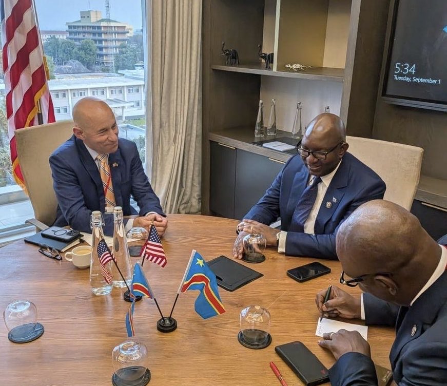 AsstSecStateAF's tweet photo. On the margins of Zambia's presidential inauguration, Assistant Secretary Garcia met with DRC Senate President Jean-Michel Sama Lukonde to advance shared priorities across Southern Africa — from regional peace and security to stronger health cooperation and unlocking the region's economic potential.