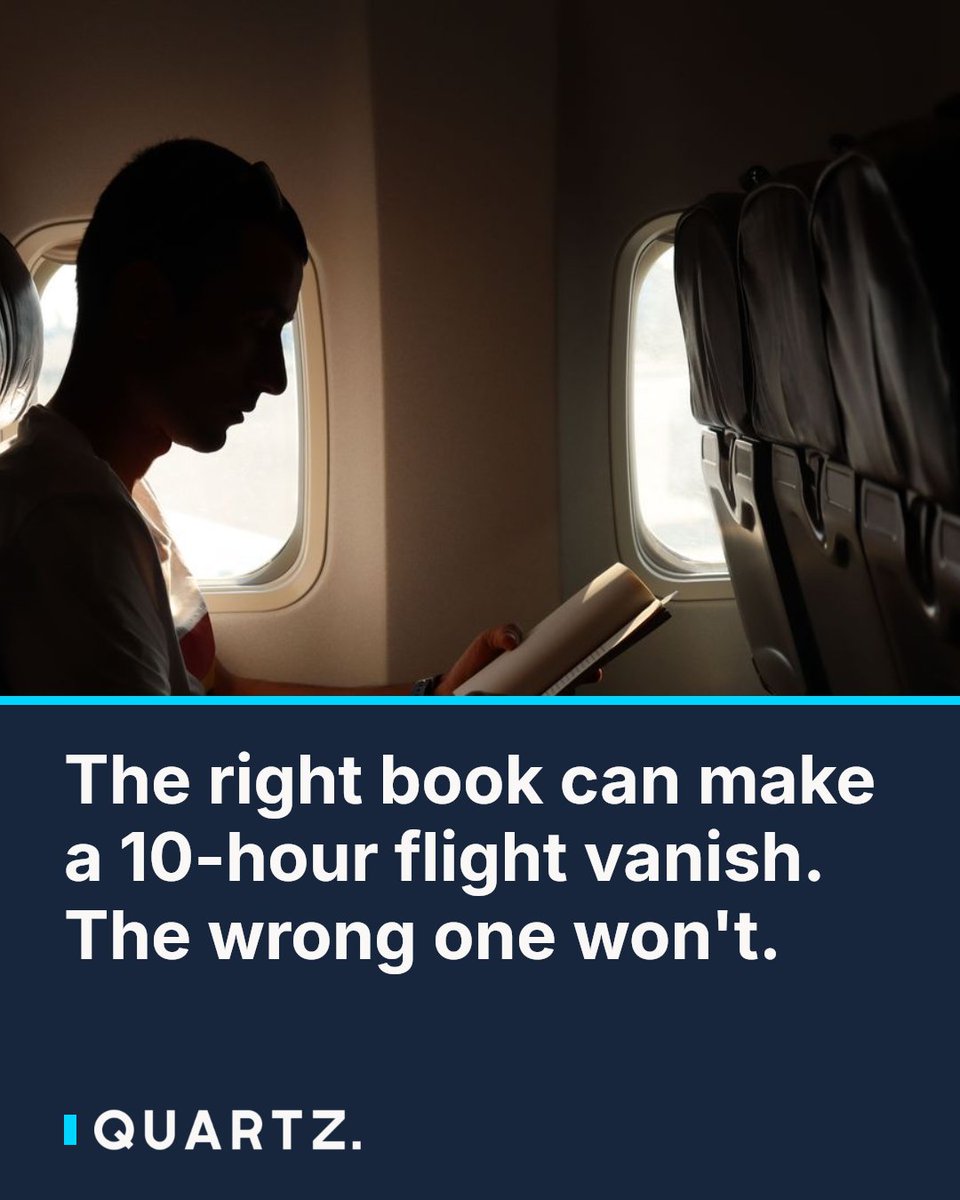 qz's tweet photo. The right book can make a 10-hour flight vanish. The wrong one won't.: Not every great book is a great flight book — cramped seats and cabin noise demand something built differently. These 8 picks are matched to… https://t.co/7exC6ovVdA #TravelReading #BookRecommendations https://t.co/xp27FSFA6S