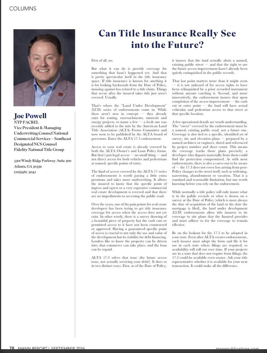 titlelawyerjoe's tweet photo. Debra does a fantastic job as Editor of The Mann Report! 

Thanks for including my article about the newest ALTA Title Endorsement - the long-awaited 17.3! 

Look for me on 📄78 https://t.co/TjUNQ7uAuT