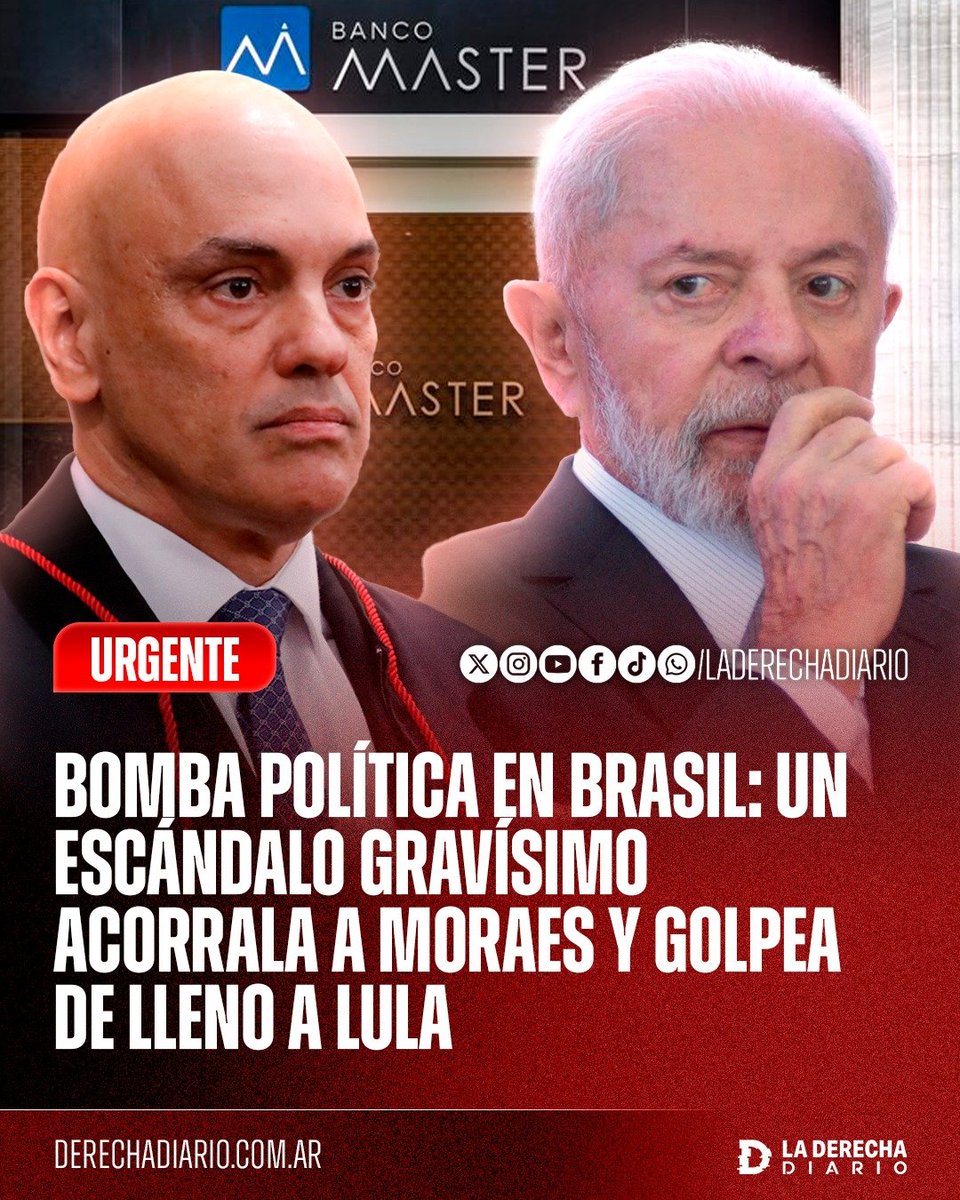 laderechadiario's tweet photo. 🚨🇧🇷 | EXPLOTA EL ESCÁNDALO DE ALEXANDRE DE MORAES: Se reveló que el juez del Supremo Tribunal Federal intervino personalmente en la versión final de un contrato por aproximadamente R$ 131 MILLONES entre el estudio jurídico de su esposa, Viviane Barci de Moraes, y el Banco Master, entidad que terminó liquidada tras un escándalo financiero de enorme gravedad.

Según los metadatos extraídos del celular de Daniel Vorcaro, el perfil “Ministro Alexandre de Moraes” aparece como el último editor del documento. El propio estudio de su esposa admitió que Moraes revisó el contrato, que contemplaba pagos millonarios para representar los intereses del banco ante organismos como el Banco Central, la Receita Federal, el Congreso y la Policía Federal. Vorcaro, además, ya admitió conductas delictivas vinculadas al caso, lo que agrava todavía más el vínculo expuesto por los documentos.

El escándalo es explosivo porque un miembro de la máxima corte brasileña aparece interviniendo en un contrato privado multimillonario del estudio de su esposa con el banco de un empresario involucrado en una trama criminal y financiera que terminó con la liquidación de la entidad. A eso se suman mensajes en los que Vorcaro buscaba ayuda e interlocución con Moraes, mientras nuevas revelaciones siguen ampliando el alcance del caso.

La bomba golpea de lleno al poder que rodea al régimen de Lula: Flávio Bolsonaro exigió la RENUNCIA de Moraes y otros dirigentes opositores ya reclaman su IMPEACHMENT. “Incluso Lula había reconocido meses atrás la gravedad del escándalo al aconsejarle públicamente que se declarara impedido para evitar que el caso terminara arrastrándolo políticamente y hundiendo todavía más su imagen.