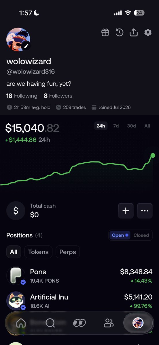 wolowizard316's tweet photo. not as much profit as the big dogs on the leaderboards but since being on fomo i have managed to gain $15k+ , truly grateful https://t.co/mywexemRfj