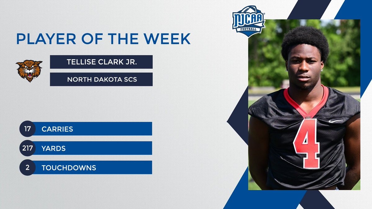NJCAAFootball's tweet photo. BIG PLAYS. BIG NUMBERS. 😤

Tellise Clark Jr. was unstoppable on the ground for @NDSCSAthletics, rushing for 217 yards and two touchdowns on 17 carries to earn DIII #NJCAAFootball Offensive Player of the Week honors!

#NJCAAPOTW https://t.co/LOLdnp63V6