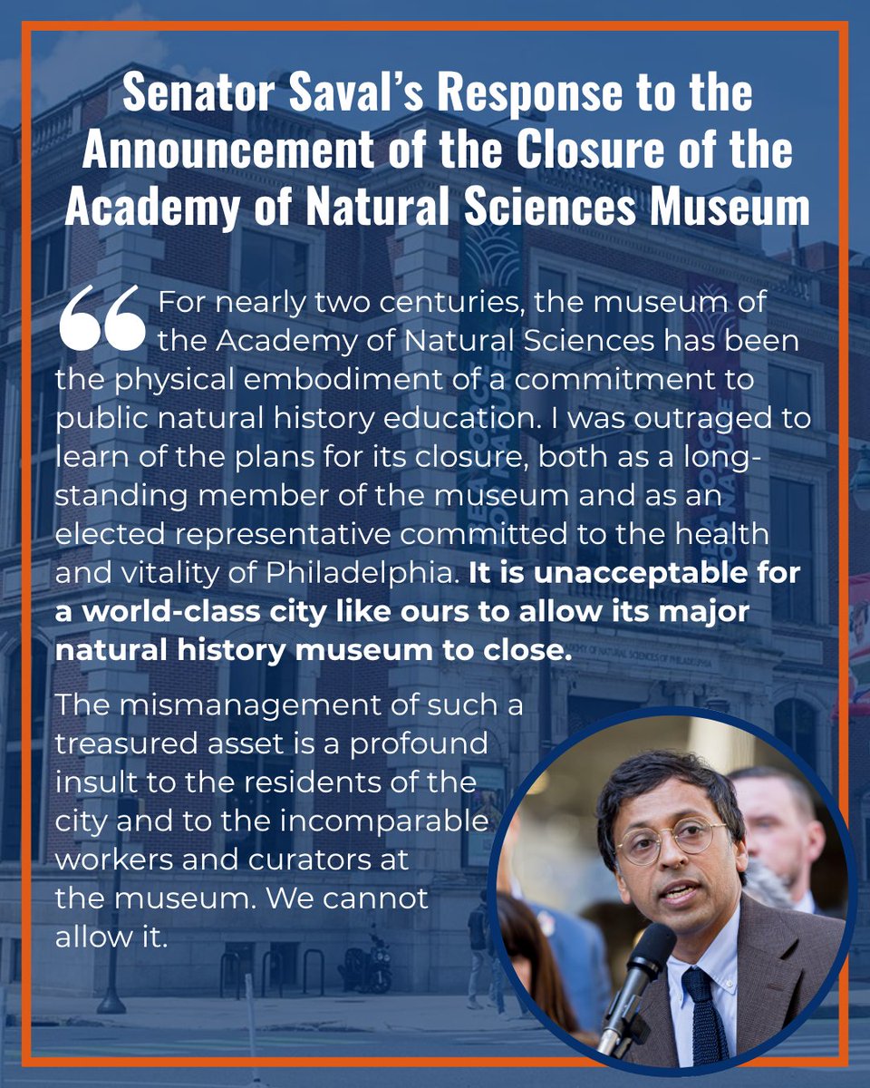 SenatorSaval's tweet photo. It is unacceptable for a world-class city like ours to allow its major natural history museum to close. We cannot allow it. My statement ⬇️ https://t.co/BRvphp3gWt