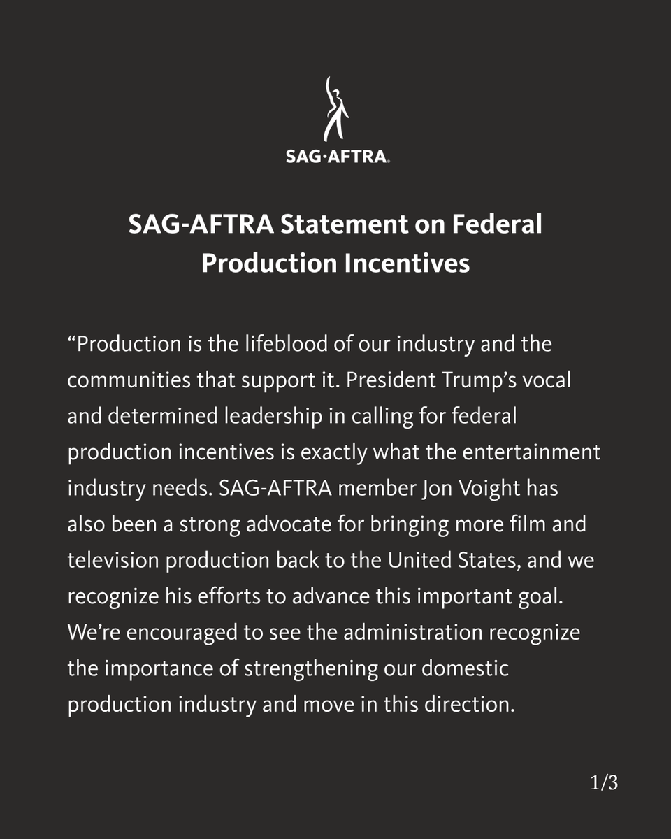 sagaftra's tweet photo. SAG-AFTRA Statement on Federal Production Incentives

The following statement is from SAG-AFTRA President Sean Astin and National Executive Director &amp; Chief Negotiator Duncan Crabtree-Ireland: https://t.co/pq7X2IY9LK. https://t.co/aN8yOtVsWw