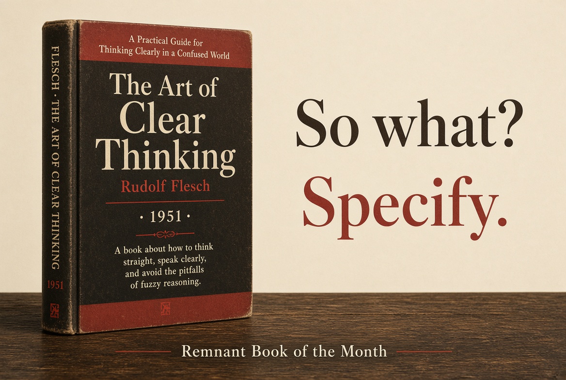 FBaconEsq's tweet photo. Remnant Book of the Month — September: The Art of Clear Thinking (Rudolf Flesch, 1951)

In this big little book, Rudolf Flesch boiled down the army of phony argument killers to just two: So what? And Specify.

'So what?'
False claims mostly rest on irrelevancies. Even a true claim can be beside the point. To force a sophist to give good reasons disarms his logical fallacies--red herrings, ad hominem attacks, appeals to emotion, etc. 'This rock star drives a Lexus?' 'That actress votes Democrat?' So what? How does fame produce experts on cars or foreign policy?

'Specify.'
When forced to supply facts, examples, data, etc, vague words, generalities, and abstractions crash and burn. 'Everybody loves Durtee Soap with its miracle ingredient Lodahocum'? Specify. Who's 'everybody'? Compared to which other brands? And what the hell is Lodahocum?

75 years ago Rudolf Flesch distilled the complexity of logical fallacies into plain English. His PhD thesis on what makes writing vivid and easy to read led him to view language and thought as two sides of the same coin. His big little book, The Art of Clear Thinking, remains a timeless tool for those who want to see and say things, in Plato's immortal phrase, as they really are. 

Do your future self a favor this month. Find it. Read it.