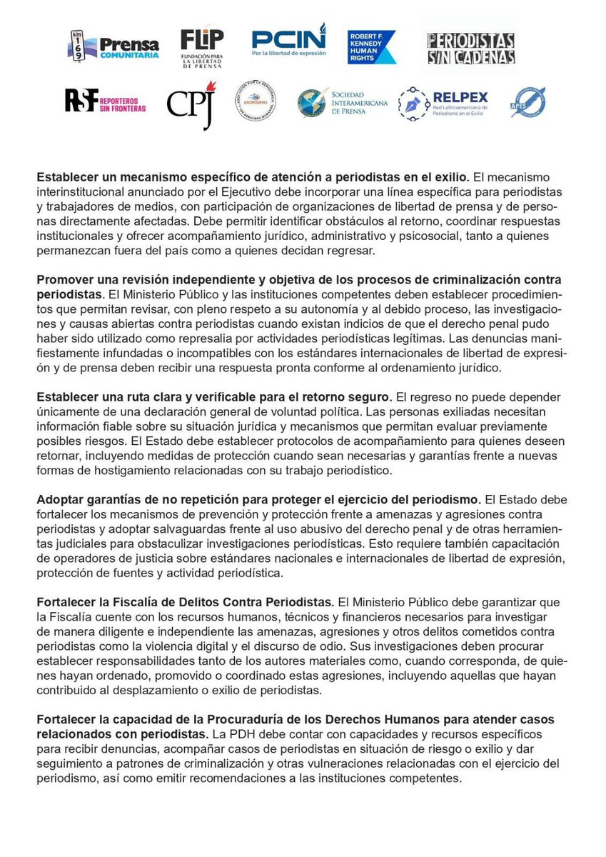 PrensaComunitar's tweet photo. Once organizaciones firmantes, dedicadas a la defensa de la libertad de prensa y del derecho a la información ha emitido un pronunciamiento con atención a la presentación del informe “La verdad del exilio: ética, criminalización y lucha por la justicia en Guatemala” (2014-2025)
La carta dirigida al gobierno de Bernardo Arévalo en la que se le solicita impulse una política que procure las condiciones para el retorno de las personas exiliadas
#InformeExilio #JusticiaLab
📷 Eddy Zeta