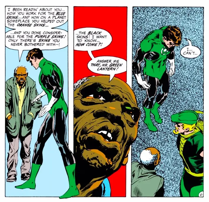 VTDisaace's tweet photo. @teameffujoe “They made everyone racist” is what happens when you encounter a story about race but lack the media literacy required to distinguish depicting racial tension from endorsing racism.
Somebody should tell Denny O'Neil and Neal Adams that woke HBO traveled back to 1970 and ruined GL https://t.co/omtYwIZIRw