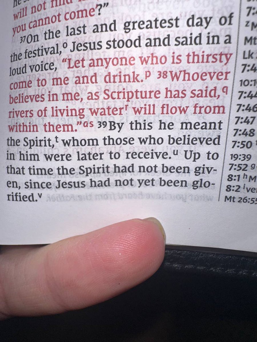 ChapmanKacey's tweet photo. @NgoloTesla Was reading this a couple weeks ago and it stood out.

John 7 : 37 38 39 https://t.co/sa0eLYcYtf