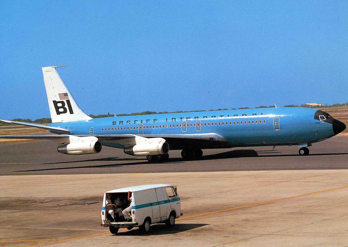 BraniffIntl's tweet photo. BRANIFF HISTORY TODAY - On this day, Monday, September 1, 1969, Braniff International inaugurated service to Hilo, Hawaii, which was awarded by the Civil Aeronautics Board as part of the carrier's original July 28, 1969, Transpacific Route Case award. Braniff had previously inaugurated service from the US Mainland to Honolulu, Hawaii, on August 14, 1969.

Braniff began it's first service to Hawaii on August 14, 1969, using Boeing 707-327C Intercontinental Jet aircraft. The service originated at Atlanta Hartsfield International Airport with a stop at Dallas Love Field and then continued nonstop to Honolulu International Airport. Braniff increased the Hawaii service to include Hilo just two weeks later on September 1, 1969.

In addition to the new Hilo service, Braniff also inaugurated nonstop or through-plane service from the US Mainland co-terminal cities of Houston, New Orleans and Miami. Flight 501 originated in New Orleans with a stop at Dallas Love Field before continuing nonstop to Honolulu each day and operated the new service to Hilo. On Tuesdays, Thursdays and Saturdays, Flight 501 would operate over the same routing but would then continue from Honolulu nonstop to Hilo, Hawaii, and service continued into the early 1970s.

Additional Hawaii service also began on September 1, 1969, with Atlanta nonstop to Honolulu every day; Miami to Houston then Honolulu only on Mondays and Saturdays; and Dallas to Houston to Honolulu only on Thursdays. All of the new September 1, service was operated with Boeing 707-327C aircraft. Service would be expanded once again on October 1, 1969, which increased Braniff's service from the US Mainland to the islands to 48 weekly schedules.

Hawaiian Airlines serviced Braniff's aircraft at Honolulu and Hilo and also handled the inaugural festivities at Hilo. The inaugural flights were met with a 60 foot Flower Lei placed around the nose of the big Boeing airliners. Hawaiian also arranged for a Hula Honor Guard and guitar music to entertain the huge crowd of well wishers at Hilo's General Lyman International Airport. Braniff officials were on board each inaugural flight to greet everyone on arrival at Hilo.

At Miami, the inaugural flight was met with Hula Dancers and South American Indians dressed in vibrantly colored garb before departure. The Indians were members of the Bolivian Andina Folklore Ballet and were on a world tour. Miss Miami Sweetheart, Renee Dallau, presented Braniff Captain Walter H. Fitzgerald a key to the City of Miami, for him to deliver to the Mayor of Honolulu. In New Orleans, Hula dancers greeted Braniff and city officials and at Houston Intercontinental, Braniff Senior Vice President John Leer greeted Houston city dignitaries and presented them with carved wooden Tiki gods while Hula dancers entertained.

Photo: Braniff International Boeing 707-327C Intercontinental Jet registered as N7102 is taxiing at Hickam Air Force Base/Honolulu International Airport in 1968. The four-engine airliner was operating a Pacific Military Airlift Command Charter, which Braniff had been operating since 1966, during the Vietnam War effort. Ship N7099 is painted in the 1967 Alexander Girard/Harper and George New Medium Blue Solid Color Scheme.

Braniff Airways Foundation
Copyright 1926 2026

Photo: Photographer Bernard B. Deatrick, Copyright
Braniff International Heritage Archives
Now Associated with The University of Texas at Dallas System
Braniff Airways Space Sciences Endowment

https://t.co/fkQs4q0OFL
https://t.co/dxaRBgJvxE
https://t.co/rurojxHifZ
https://t.co/fDvnT9QrE0