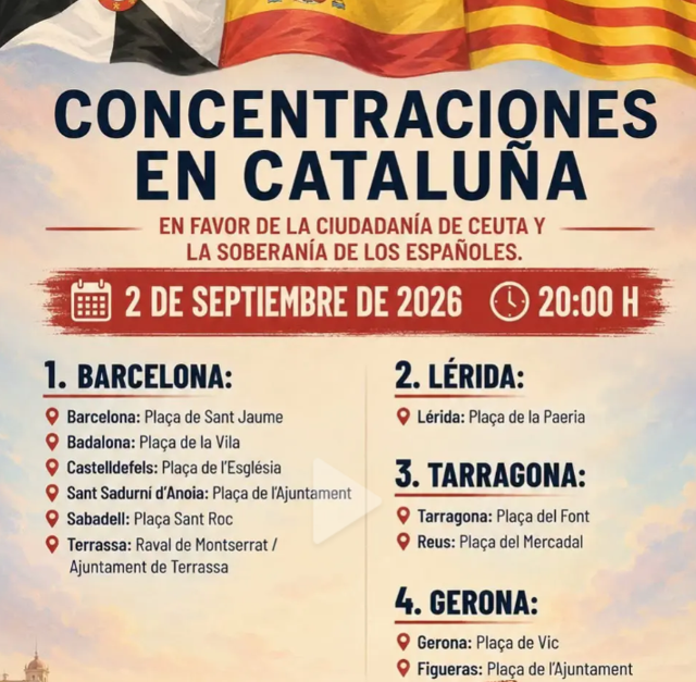 CCivicaCatalana's tweet photo. Estas son las principales convocatorias en Cataluña para este miércoles 2 de septiembre a las 20:00 h.

Sin complejos, defendiendo la unidad de España, frente a quienes quieren destruirla.

Por Ceuta y Por España 🇪🇸 🇪🇸 https://t.co/MyeqA46b0n