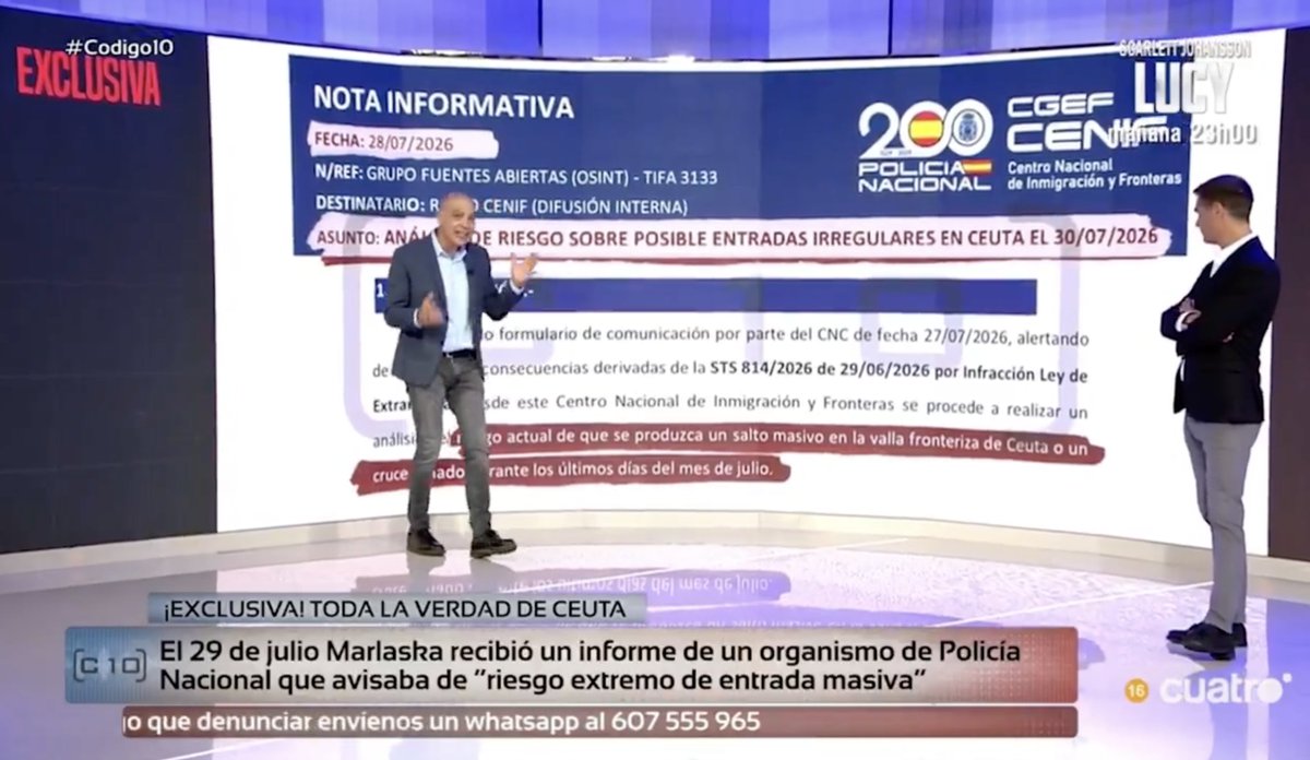elequidistante's tweet photo. El informe que publica el programa Código10 es brutal. 

Confirma que la Polícia de Marlaska sabía perfectamente que iba a haber una entrada masiva en Ceuta y no hicieron absolutamente NADA.

No pueden seguir ni un minuto más en el Gobierno. Traidores. https://t.co/yGLZS6l4iW