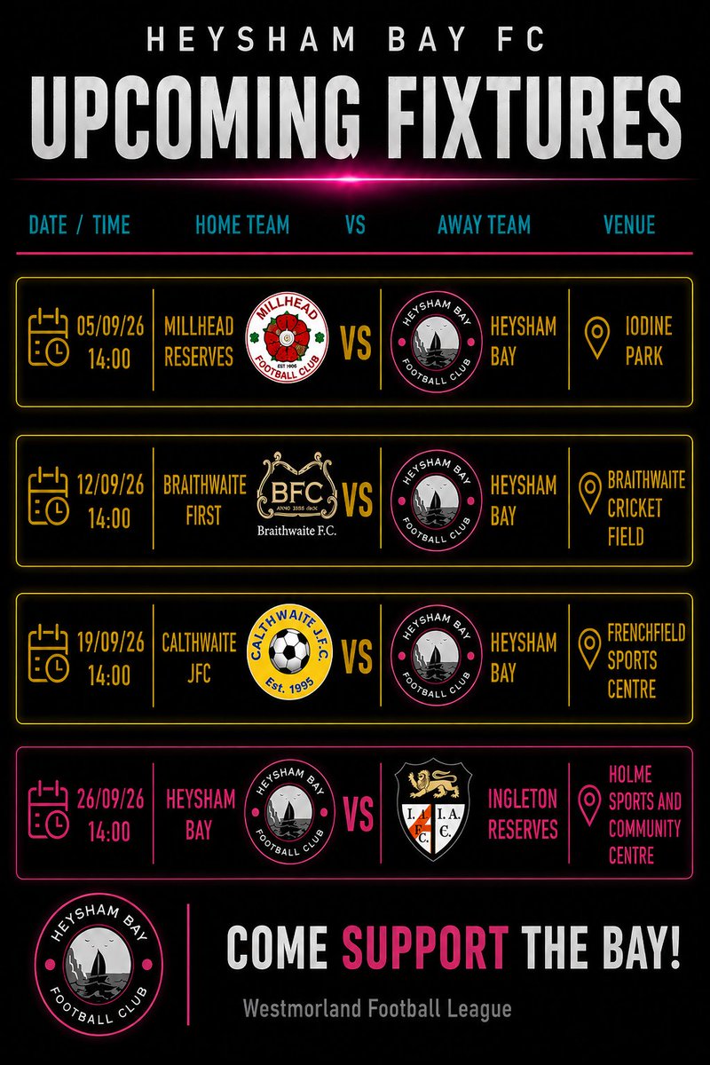 HeyshamBayFC's tweet photo. 📅 SEPTEMBER FIXTURES ARE HERE!

The Bay have a busy September ahead with 3 cup games on the road, before we finish the month with a league fixture and our first home game of the season.
Get behind the lads and COME SUPPORT THE BAY!
#HeyshamBayFC #UTB #WestmorlandLeague #MatchDay https://t.co/pxyTBPIe2b