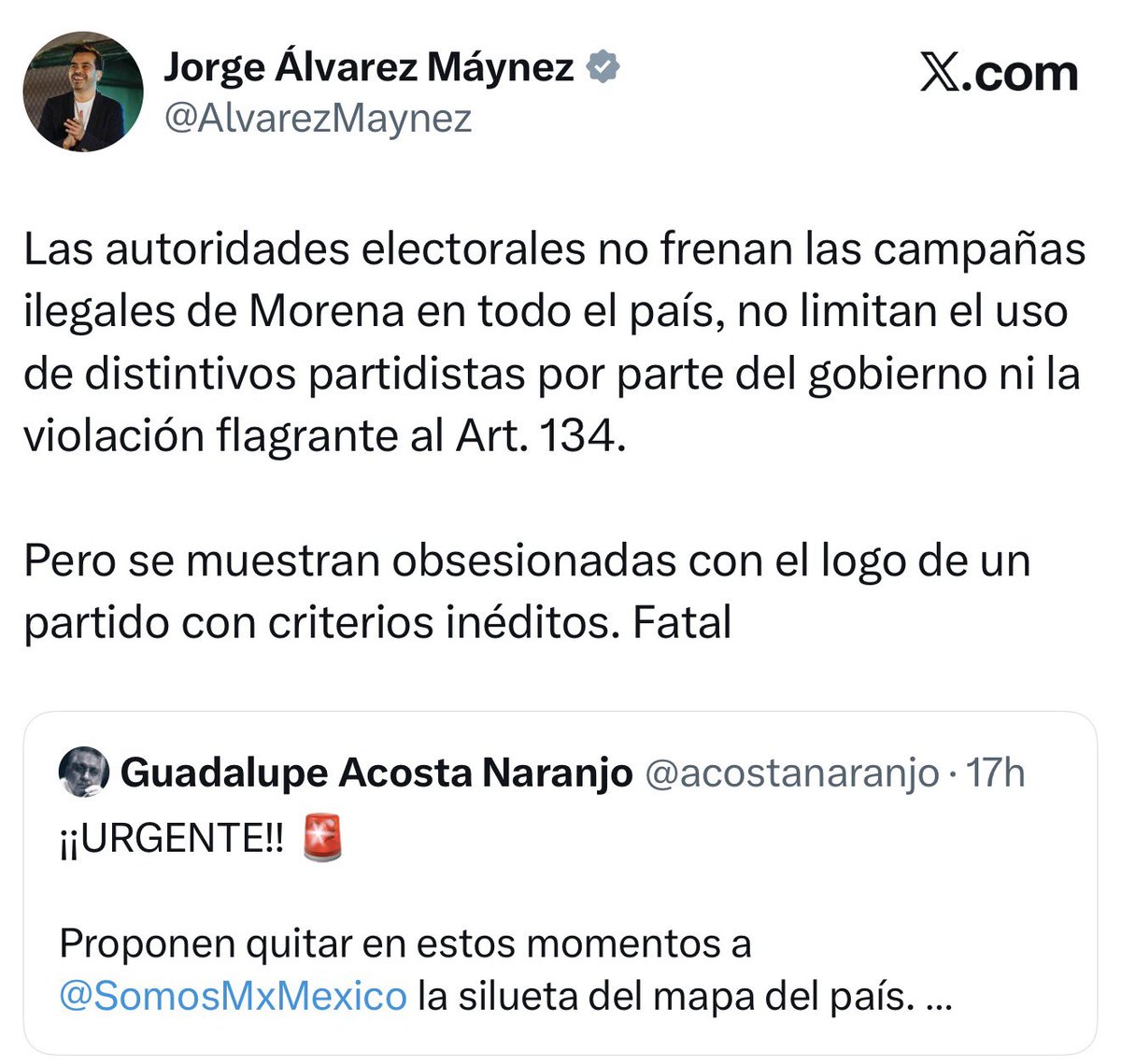 azucenau's tweet photo. 🚨Álvarez Máynez cuestiona al INE por decisión sobre SOMOS

El coordinador nacional de Movimiento Ciudadano, Jorge Álvarez Máynez, criticó al INE por la determinación de que el nuevo partido SOMOS modifique su imagen y colores.

“Las autoridades electorales no frenan las campañas ilegales de Morena en todo el país, no limitan el uso de distintivos partidistas por parte del gobierno ni la violación flagrante al Art. 134. Pero se muestran obsesionadas con el logo de un partido con criterios inéditos”, mencionó.