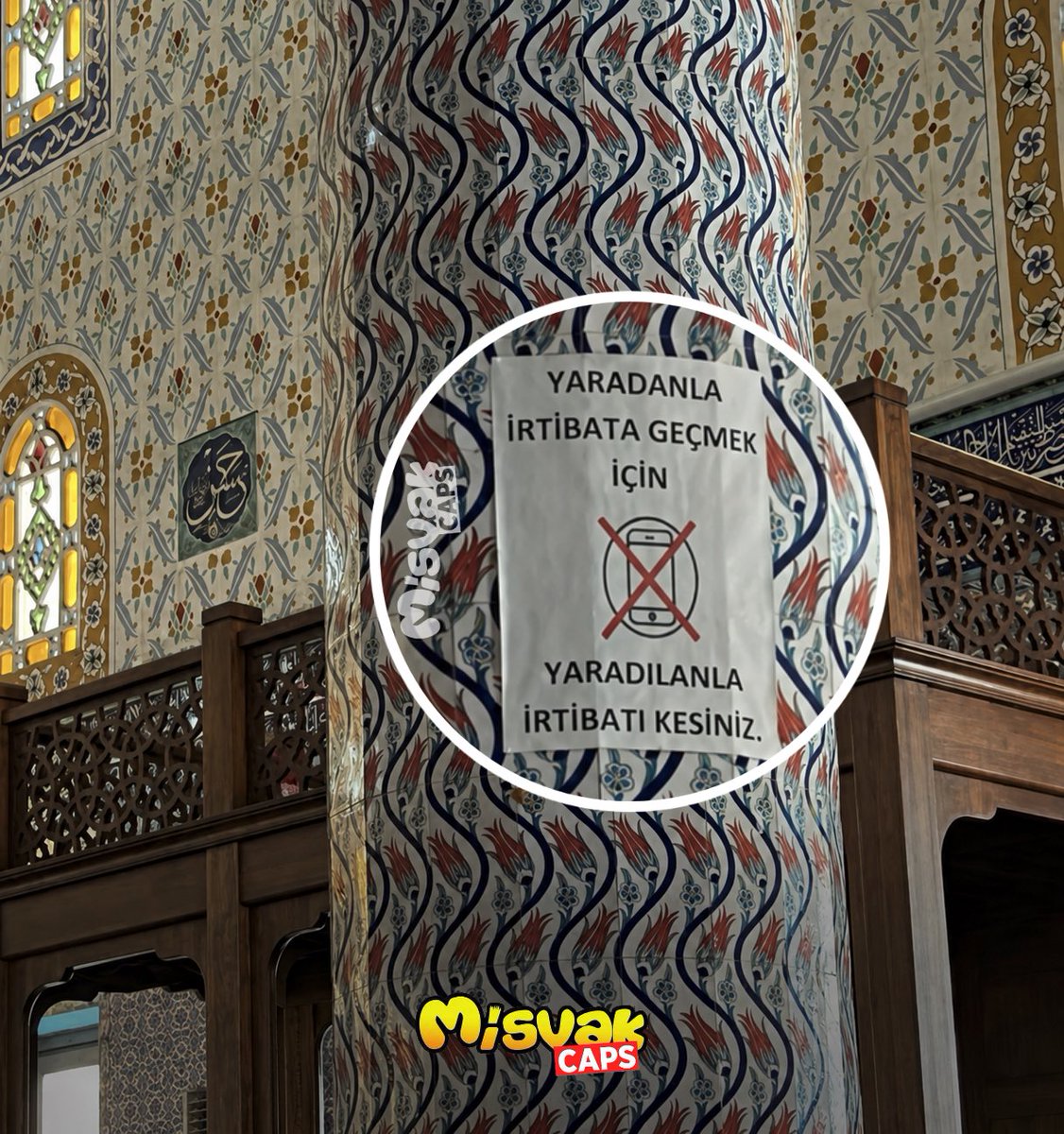 misvakcaps's tweet photo. Bir caminin kirişine asılan anlamlı hatırlatma: 

Yaradan’la iletişime geçmek için yaradılanla iletişimi kesin. 🤲 📵 https://t.co/dn2YnLWtZh