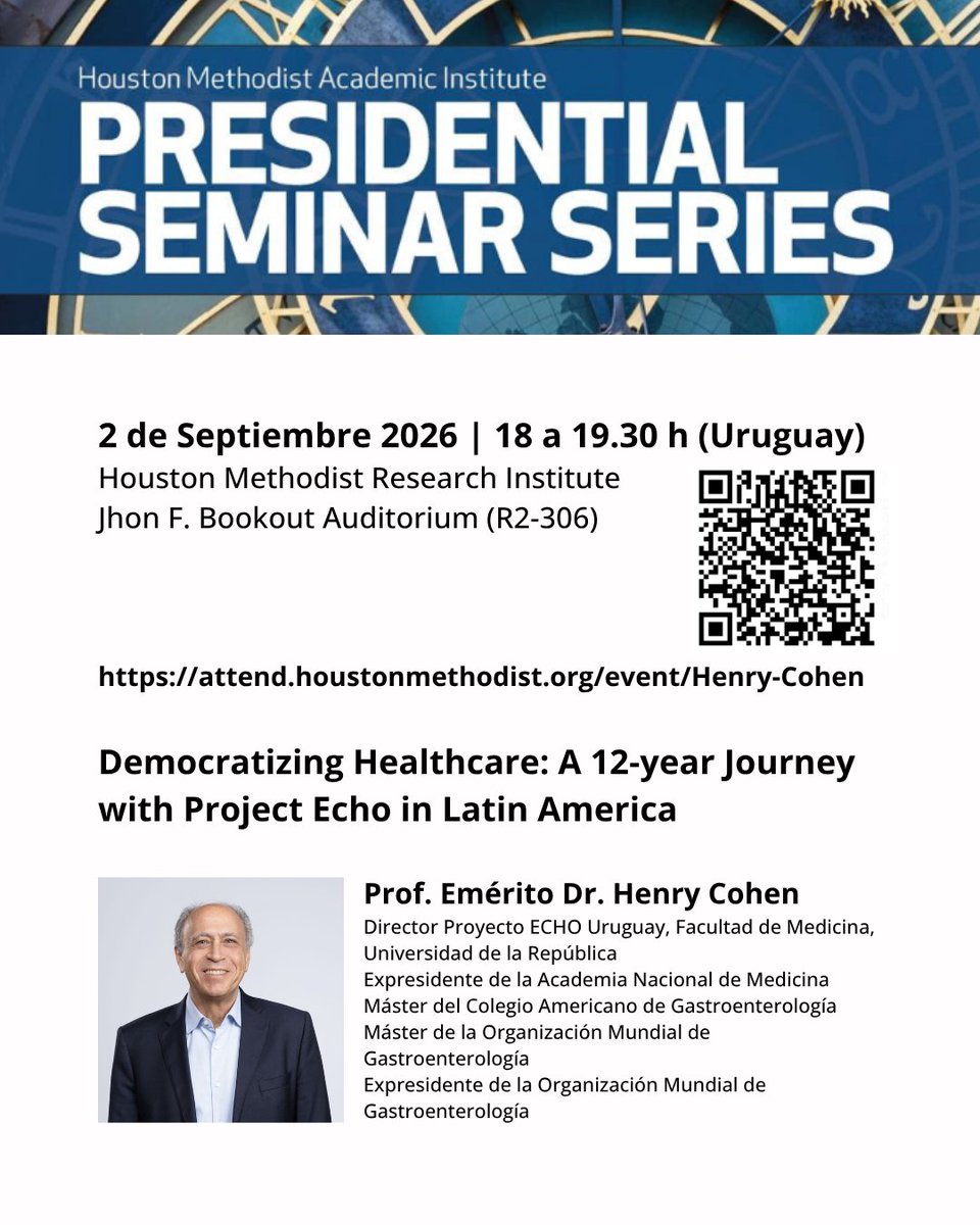 EchoUruguay's tweet photo. Los invitamos a participar de la conferencia que dará el Prof. Henry Cohen el 2 de setiembre a las 18.00 h (Uruguay), en el marco del Presidential Seminar, en Houston.  Para participar virtualmente, escaneá el QR o entrá al enlace y registrate.
https://t.co/tpHWWajymZ https://t.co/Hhz9XRW5iv