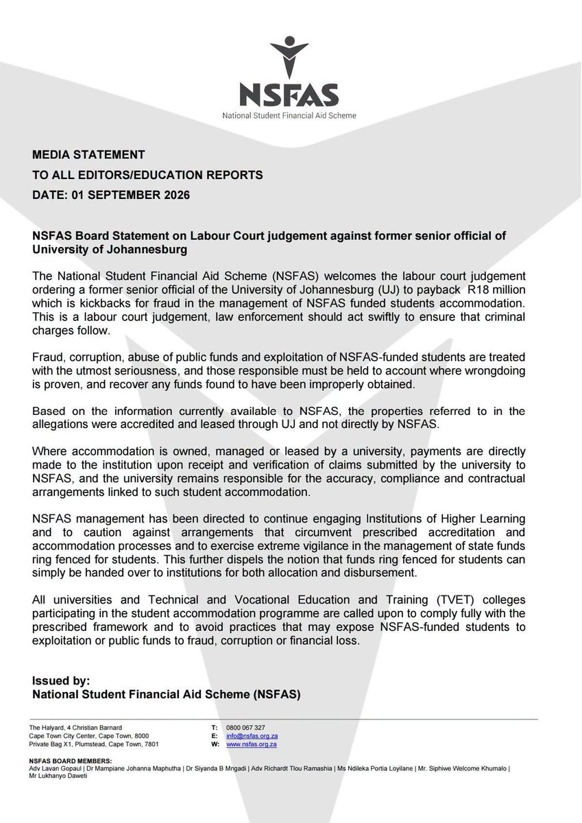 myNSFAS's tweet photo. 🚨Media Statement Release |  01 September 2026: NSFAS Board Statement on Labour Court judgement against former senior official of University of Johannesburg.

#NSFAS2026 #Accountability #StudentAccommodation #PublicFunds https://t.co/OBs5qhUvJj
