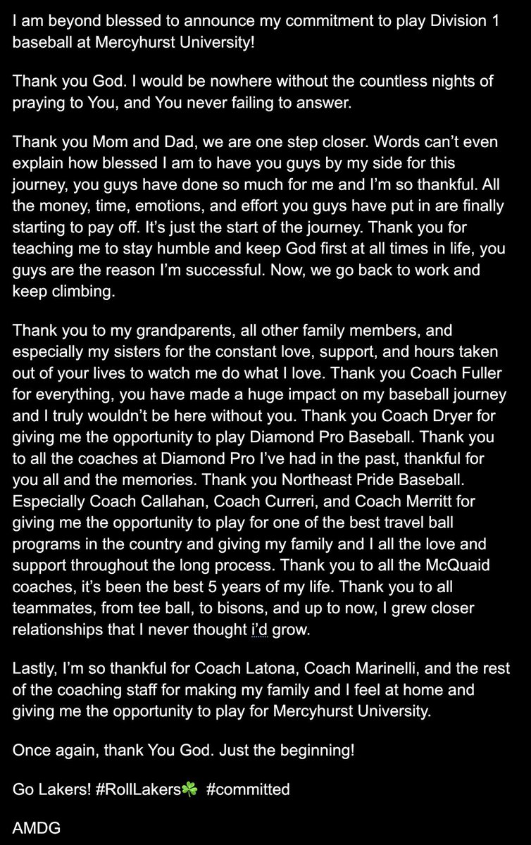 danny22luce's tweet photo. Beyond blessed to announce my commitment to play Division 1 baseball at Mercyhurst University! 

Thank you God, family, coaches, and everyone who has been apart of this journey ❤️

@CoachFuller33 @NEPridebaseball @DiamondPro3

@HurstBaseball

Thank You! @JimmyLatona20 @JNelli21 https://t.co/xFzMjprAcW