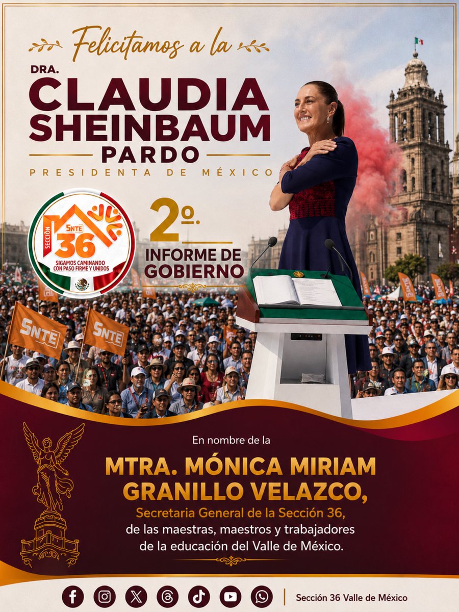 Seccion36Ofic's tweet photo. 🟠 ¡Felicidades, Dra. @Claudiashein, Presidenta de México! 🇲🇽 

En nombre de la Mtra. Mónica Miriam Granillo Velazco, Secretaria General de la Sección 36 del SNTE, así como de las maestras, maestros y trabajadores de la educación del Valle de México. 

#Sección36 https://t.co/UTQPMH2rgO