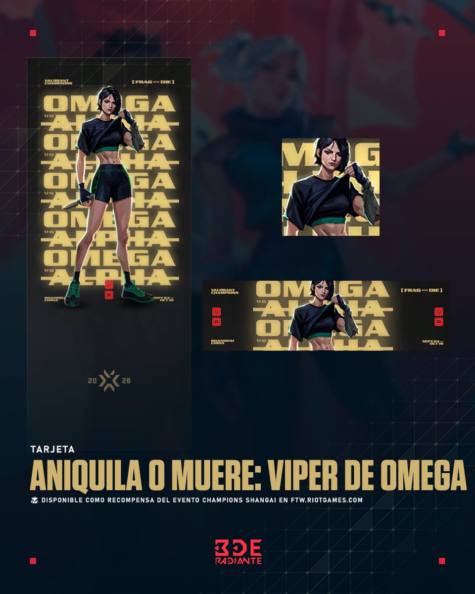 BDERADIANTE's tweet photo. Nuevo evento de #VALORANT: Champions Shanghai 🏆

Inicia sesión en la web https://t.co/T0pyOfMzCy. Juega partidas y consigue puntos para desbloquear recompensas:

• Tarjeta «Jade y Veneno»
• Tarjeta «Aniquila o Muere: Sage de Alfa»
• Tarjeta «Aniquila o Muere: Viper de Omega»
• Spray «Sello Oficial»

🗓️ Disponible próximamente
