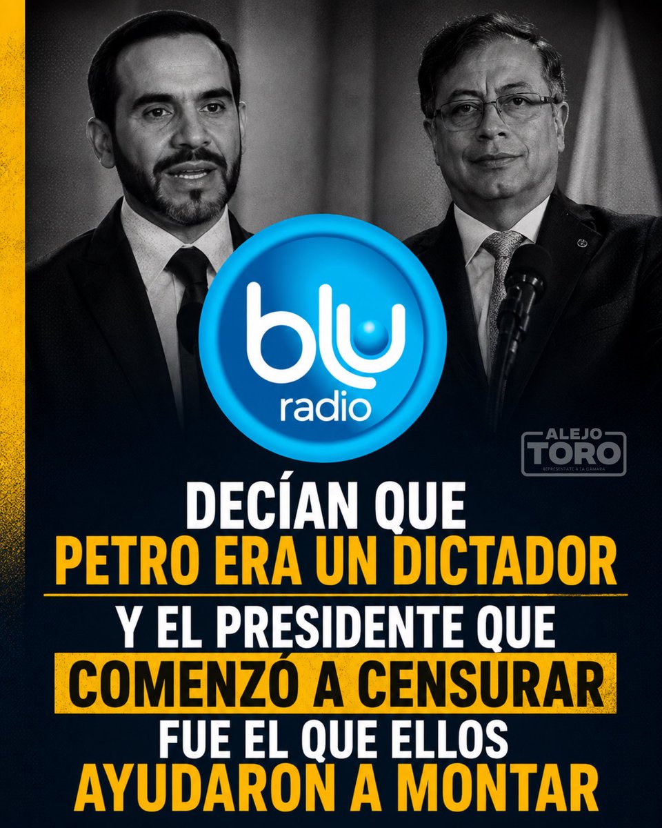 AlejoToroAnt's tweet photo. 🚨 AGONIZA LA LIBERTAD DE PRENSA Y LA DEMOCRACIA EN COLOMBIA 🇨🇴⚠️

Primero salen del aire @ZuluagaCamila y @anacrisrestrepo en @BluRadioCo y, según versiones conocidas por medios, el Gobierno habría enviado señales de inconformidad con el programa.

Ahora conocemos una directriz de Presidencia: entrevistas solo a medios “amigos”, ministros que NO responderán preguntas y una comunicación controlada desde la Casa de Nariño.

¿Libertad de prensa únicamente para quienes aplauden al Gobierno?

Nos llamaron “dictadores” durante años y hoy, desde el poder, son ellos quienes pretenden decidir quién pregunta, quién habla y qué información conocen los colombianos.

Desde la oposición lo dejamos claro, para silenciar la verdad tendrán que quitarnos el internet y los celulares a los millones de colombianos que estamos dispuestos a denunciar las irregularidades de un gobierno fascista.