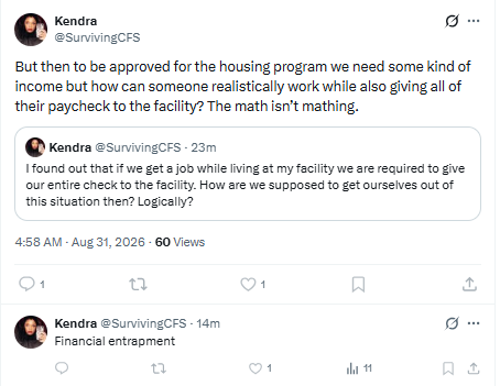 ScamFinderSam's tweet photo. This is completely false. Illinois Medicaid does not trap facility residents or force them to forfeit 100% of their checks if they are working to move out.

Because Bryn Mawr Care is a mental health facility, residents are legally designated as "Williams Class Members".  By law, the state runs the Comprehensive Class Member Transition Program and the Housing is Recovery Pilot Program specifically to give residents free independent housing.

Through the state's Williams Bridge Subsidy Program and community agencies, residents are given:

1. Free or highly subsidized private apartments.

2. Up to $2,800 in state cash allowances to buy brand-new furniture, electronics, and household goods.

3.  Free state coordinators to pay their security deposits and move them out. 

In addition to that, Illinois also runs an official program called Pathways to Community Living (Money Follows the Person) managed by the Illinois Department of Healthcare and Family Services. This program assigns residents a free transition coordinator who prevents the facility from seizing their wages.

Working residents use this program alongside the state's official IL ABLE Account program. Under the federal ABLE Act, residents can legally deposit their wages directly into a tax-advantaged account. By law, these funds are protected, completely ignored by Medicaid, and the facility cannot touch them.

Anyone claiming they are forced to hand over 100% of their check and need outside donations is running a crowdfunding scam.

If you see @SurvivingCFS, or anyone else, soliciting money under these false claims, skip the donation and report them directly to the state using the Illinois Department of Healthcare and Family Services Fraud Portal, https://t.co/7uFhF31HN8,  or the Office of the Illinois Attorney General Consumer Complaint Intake. https://t.co/GFDvj3QWor.