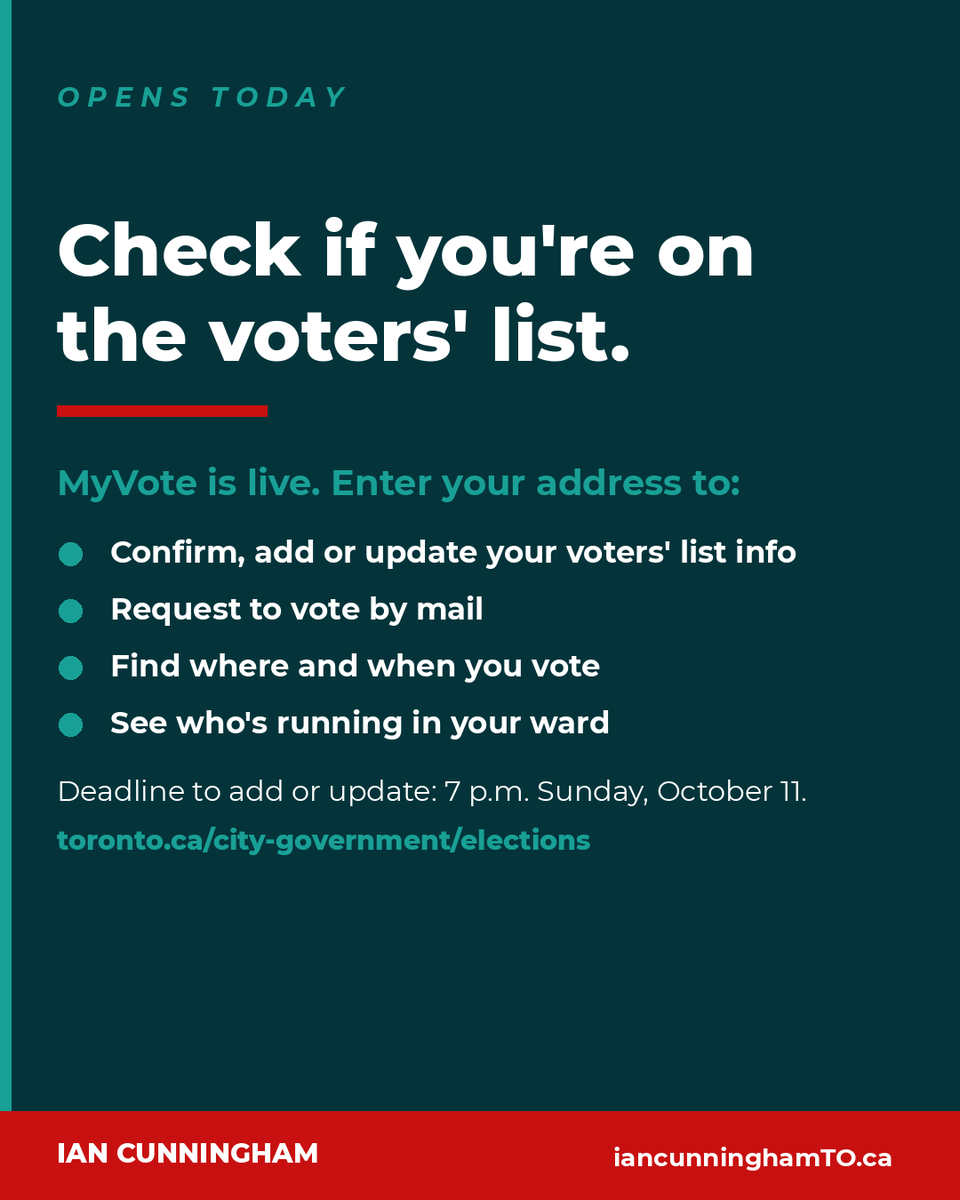 IanCForTO's tweet photo. Starting today, you can confirm, update or add your information to the voters' list for the October election.

Two minutes at https://t.co/j1cBlONoJ2, and no surprises at the polls. Worth doing now, especially if you've moved.

Advance voting Oct 6-11, election day Oct 26.

#Ward10 #SpadinaFortYork