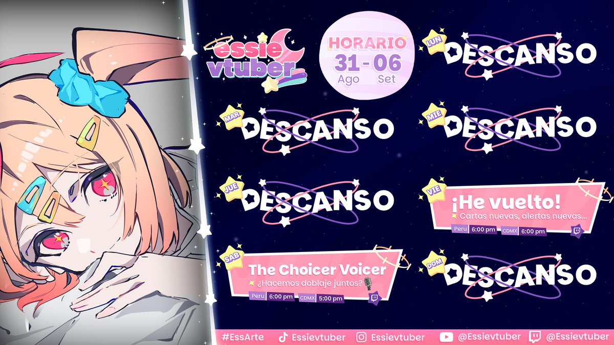 EssieVtuber's tweet photo. ⭐𝐇𝐎𝐑𝐀𝐑𝐈𝐎 𝐒𝐄𝐌𝐀𝐍𝐀𝐋⭐
¡𝐄𝐬𝐭𝐚 𝐚𝐧𝐜𝐢𝐚𝐧𝐚 𝐯𝐮𝐞𝐥𝐯𝐞 𝐜𝐨𝐧 𝐞𝐧𝐞𝐫𝐠𝐢𝐚𝐬 𝐫𝐞𝐧𝐨𝐯𝐚𝐝𝐚𝐬! 

🟣𝘚𝘵𝘳𝘦𝘢𝘮𝘴 𝘦𝘯 𝘛𝘸𝘪𝘵𝘤𝘩:
⤷ https://t.co/EkssZdVvv6

‼️𝘕𝘶𝘦𝘴𝘵𝘳𝘰 𝘋𝘪𝘴𝘤𝘰𝘳𝘥: 
⤷ https://t.co/uxgzm8hY8G

〔⭐〕H ᴀ s ʜ ᴛ ᴀ ɢ s :    
 ⤷ #essarte - Arte
⤷ #memessie - Memes