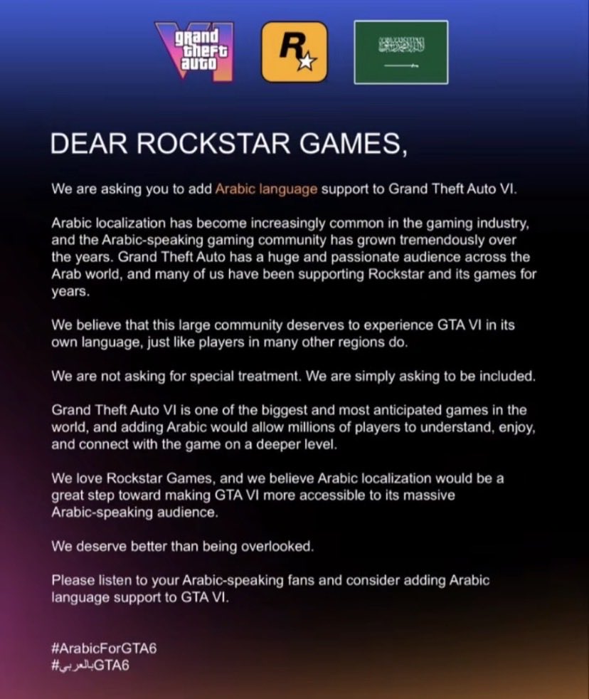 lamjkli1's tweet photo. @RockstarGames إلى شركة RockstarGames، اللاعبون العرب من أكبر وأوفى الجماهير لسلسلة Grand Theft Auto. نطالب بدعم اللغة العربية (ترجمة النصوص والقوائم) لمنحنا تجربة كاملة كما تستحق اللعبة. صوتنا واحد! 🇸🇦🇦🇪🇮🇶🇪🇬
@RockstarGames @RockstarSupport
 #RockstarGames  #ArabicForGTA https://t.co/7F551lnC8o