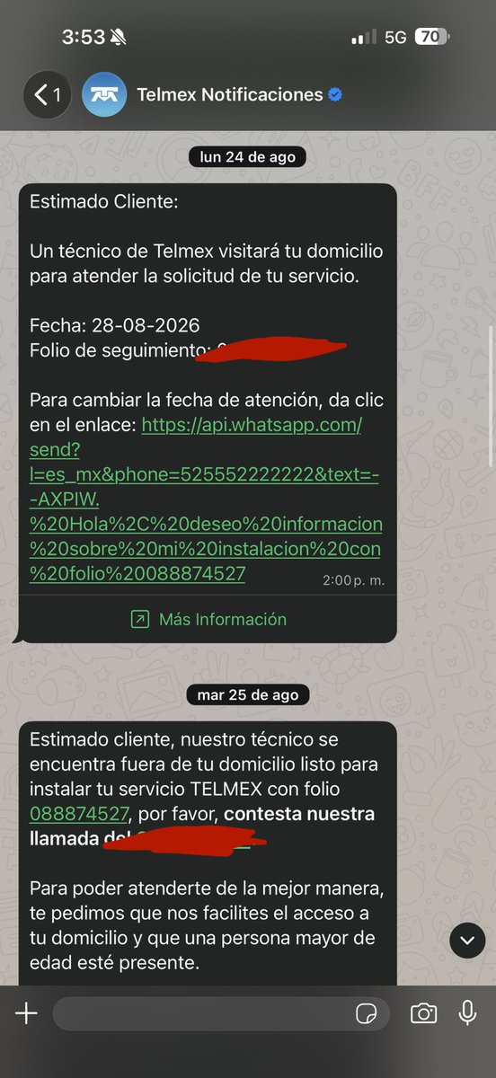 ciccio2903's tweet photo. Necesito de su ayuda @TELMEXSoluciona @Telmex @quejascofetel @cofetel @Profeco  desde el 24 de agosto quedaron en realizar mi instalación y siempre me dicen que van a llegar pero nunca llegan, haciéndome perder el tiempo que designó para esperarlos y atenderlos https://t.co/fy9gPlSs3j
