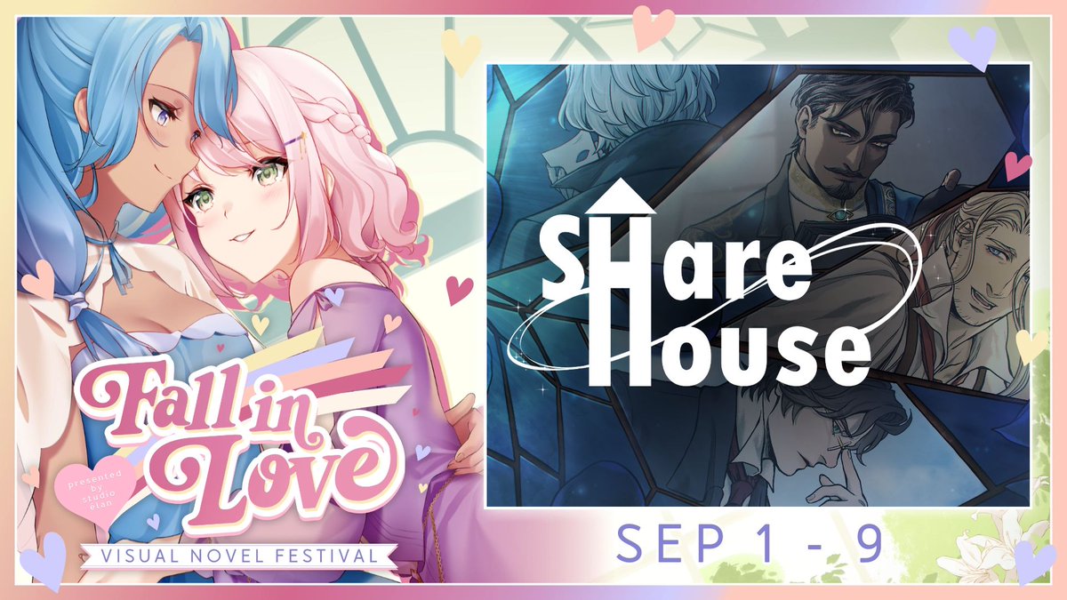 teamnyxian's tweet photo. The Fall in Love Visual Novel Festival is HERE! 💕 

Sharehouse is joining the festival! To celebrate, we’ve released our first trailer! Check out the link below 👇️ 

Come check out and support indie VNs together! #FallinLoveFestival https://t.co/u2BTbaP0dU