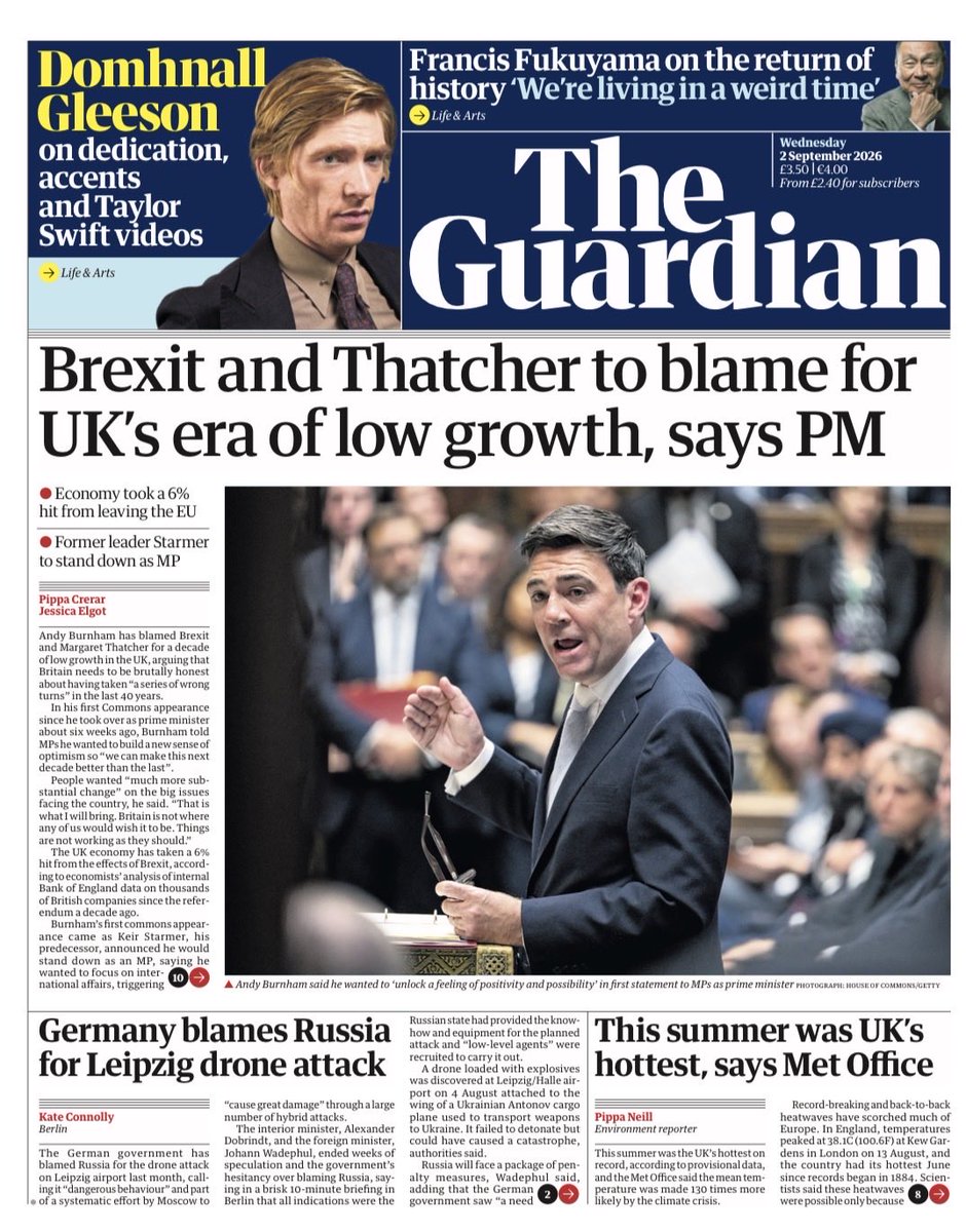PippaCrerar's tweet photo. Wednesday’s @guardian front page: Brexit and Thatcher to blame for UK’s era of low growth, says PM https://t.co/me0IyLrqUn https://t.co/EplattbbSB