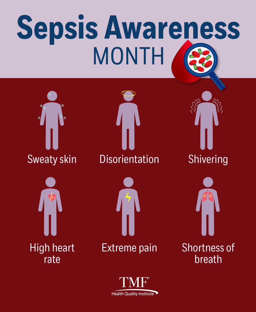 TMFNetworks's tweet photo. Early recognition and prompt treatment of sepsis can save lives. It's also important to prevent and treat infections that can lead to sepsis. Do you know the signs? It may help you to remember, it's about TIME:

T – Temperature: higher or lower than normal
I – Infection: may have signs or symptoms of an actual infection 
M – Mental decline: confused, sleepy or difficult to wake.
E – Extremely ill: severe pain, discomfort or shortness of breath

For more information on the signs and prevention of sepsis, visit https://t.co/vGdUsNGObJ

#Sepsis #KnowTheSigns