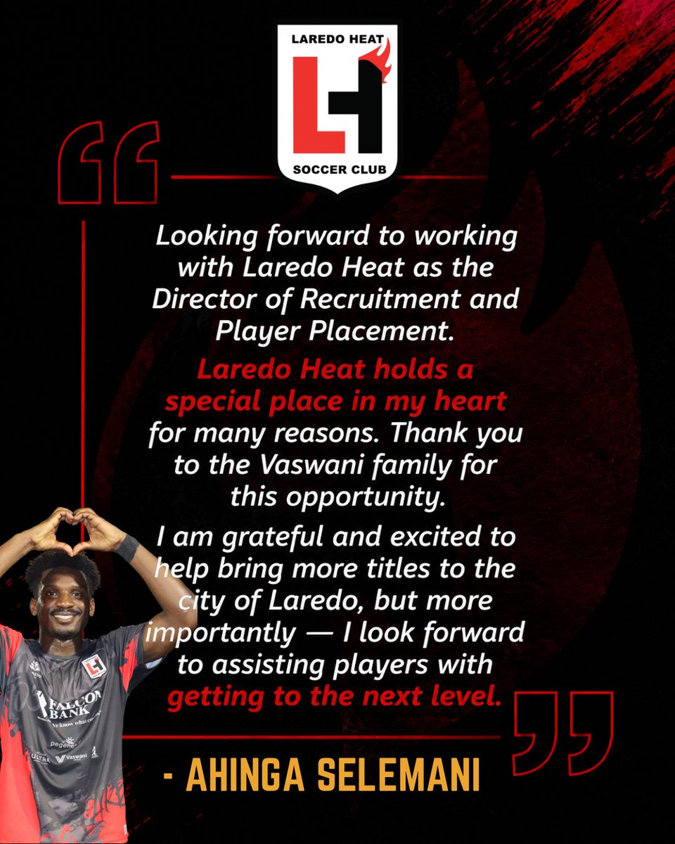 LaredoHeatSC's tweet photo. Laredo Heat SC welcomes Ahinga B. Selemani as our new Director of Recruitment &amp; Player Placement.

Finding the next generation to wear the Heat crest — and helping our players reach the next level.

DO GOOD. BE GOOD. 🔥⚽️

#LaredoHeatSC #VamosLaredo https://t.co/nZdxZiHCZD
