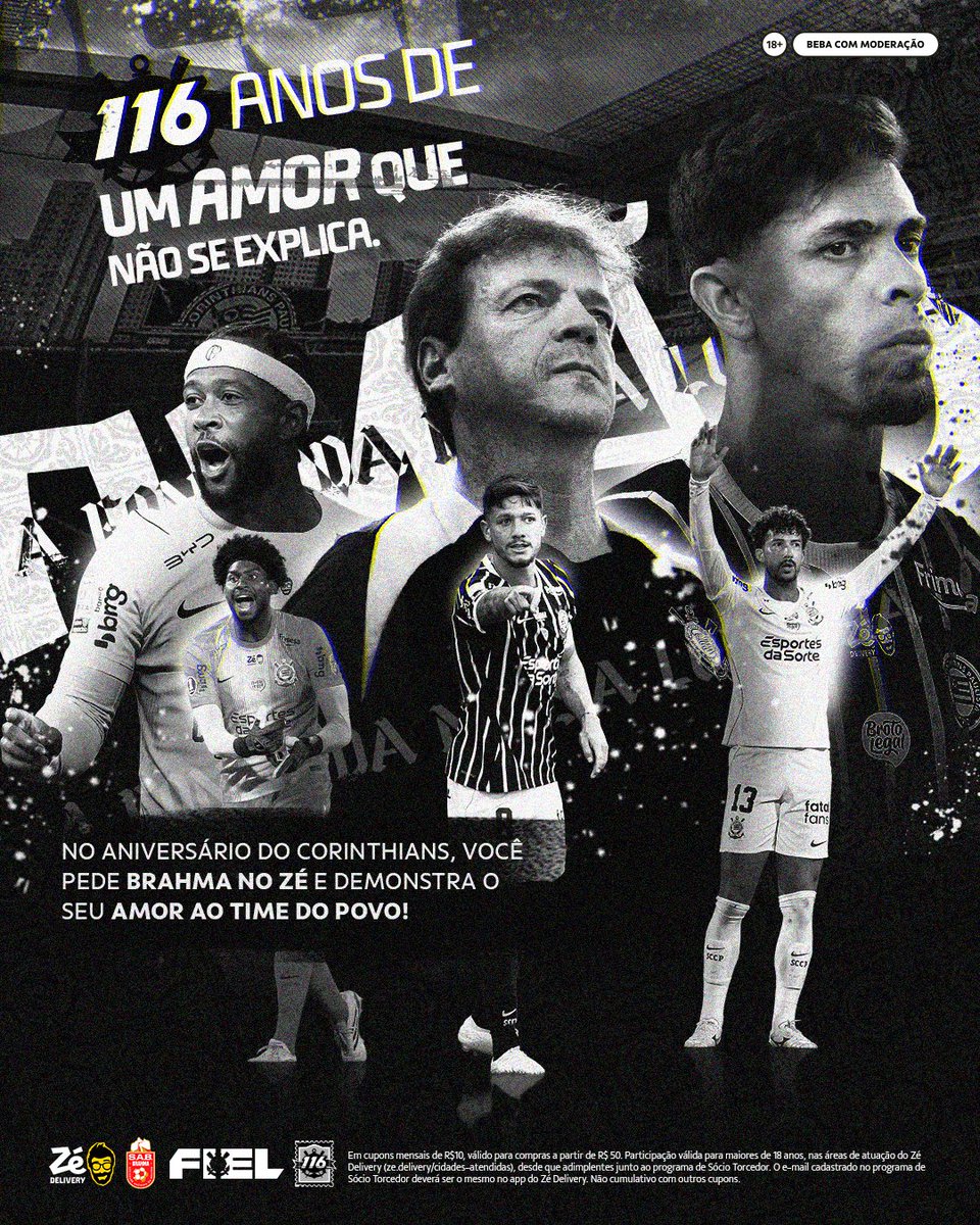 Corinthians's tweet photo. 116 anos de história, paixão e uma Fiel que nunca abandona. Hoje é dia de celebrar o Corinthians e tudo o que essa camisa representa. 🖤🤍

Quem é Fiel tem cupom exclusivo para economizar no Zé Delivery e ainda investir parte do valor do pedido na S.A.B do Corinthians.

Pra aproveitar, é só:

Baixar e acessar o app do Universo SCCP;

Aceitar o benefício no banner do Zé;

Acessar o app do Zé com o mesmo e-mail do Fiel Torcedor;

Selecionar o cupom exclusivo na hora do pagamento!

São 116 anos de uma paixão que atravessa gerações. E hoje, cada pedido também pode virar apoio ao Timão.

#CashbackDoSócio #BebaComModeração

App proibido para menores de 18 anos.