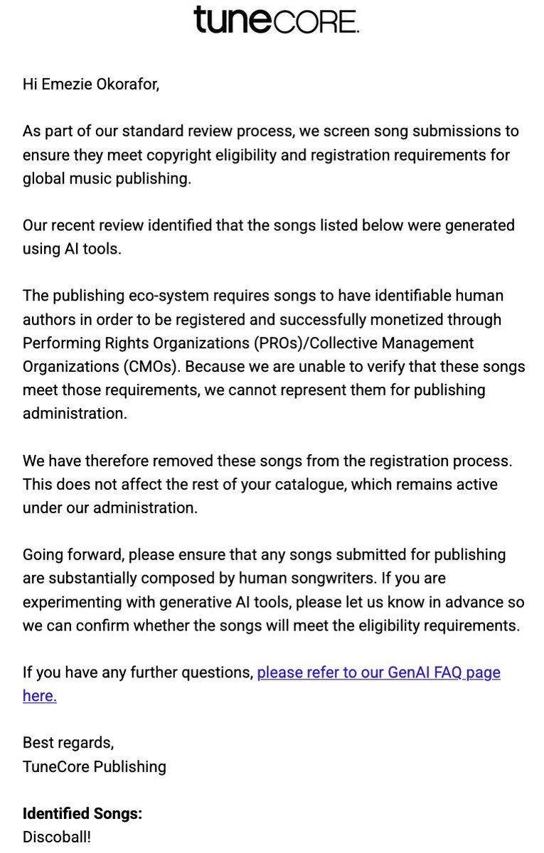 emezie's tweet photo. Hey, @TuneCore...you just accused me of using AI to make my song "discoball" by Emezie.

I will NEVER use AI to create ANY art, EVER.

Here is a video tutorial I made showing me literally playing the song on guitar. If you need more proof let me know.

Don't use AI to detect AI. https://t.co/zLlFgf1Onl