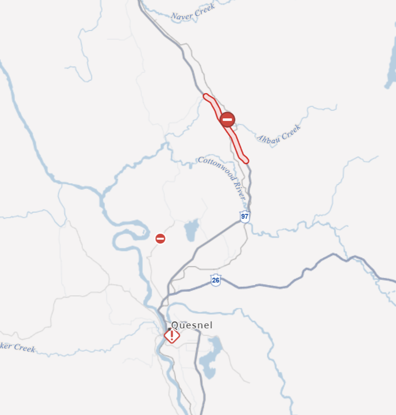 DriveBC's tweet photo. ⛔️#BCHwy97 - CLOSED in both directions between the Hush Lake Rest Area and Olson Rd due to a vehicle incident. #QuesnelBC
ℹ️More info: https://t.co/hsvMXXrOhh https://t.co/p1bIsjgekq