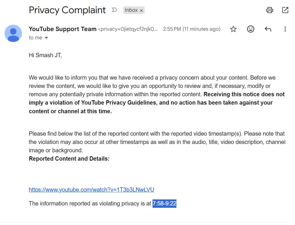SmashJT's tweet photo. 🚨A Rockstar QA Tester *likely* just flagged my video for a 'Privacy Complaint' 🚨

Marc, my video covers your PUBLIC PROFILE and things YOU HAVE DONE PUBLICLY.
I will not be removing this segment as it does not go against YouTube TOS.
Hey @RockstarGames @Take2Interact come reel your boy @MarcJMcNaughton in before he does any more damage to your brand.

LINK: https://t.co/WFW9tqOpKL

Timestamp submitted was specific to my segment covering him. Curious.