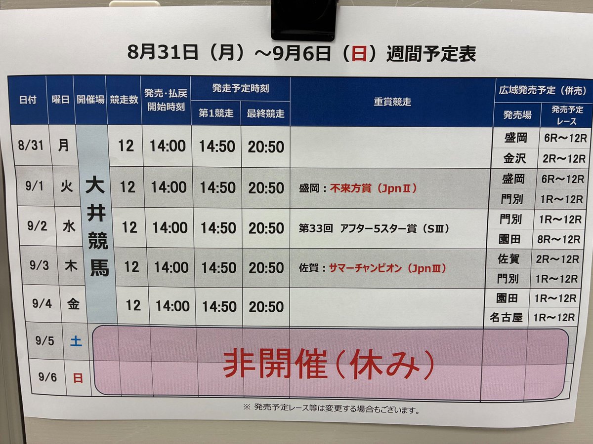 clap_kashima's tweet photo. おはようございます。
宇都宮決勝には渡邉一成選手、佐藤慎太郎選手が出場！
9月2日　本日の開催は

松山競輪
西武園競輪
宇都宮競輪ナイター
松戸競輪ナイター
#競輪
#クラップかしま

大井競馬　アフター5スター賞（SⅢ）
門別競馬
園田競馬
#競馬
#オフト南相馬 https://t.co/wyZSgIO4p0