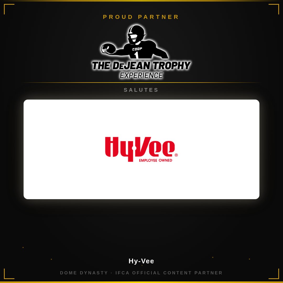 DomeDynasty's tweet photo. 🏆 The DeJean Trophy Experience salutes our partner — Hy-Vee!  @HyVee has been a cornerstone of Iowa communities for decades. Their support helped make our event Happen 
Thank you @HyVee. Iowa football is better with you in our corner.▶️ 
https://t.co/VP0Luo98PM

#DeJeanTrophy #IowaFootball #DomeDynasty #HyVee