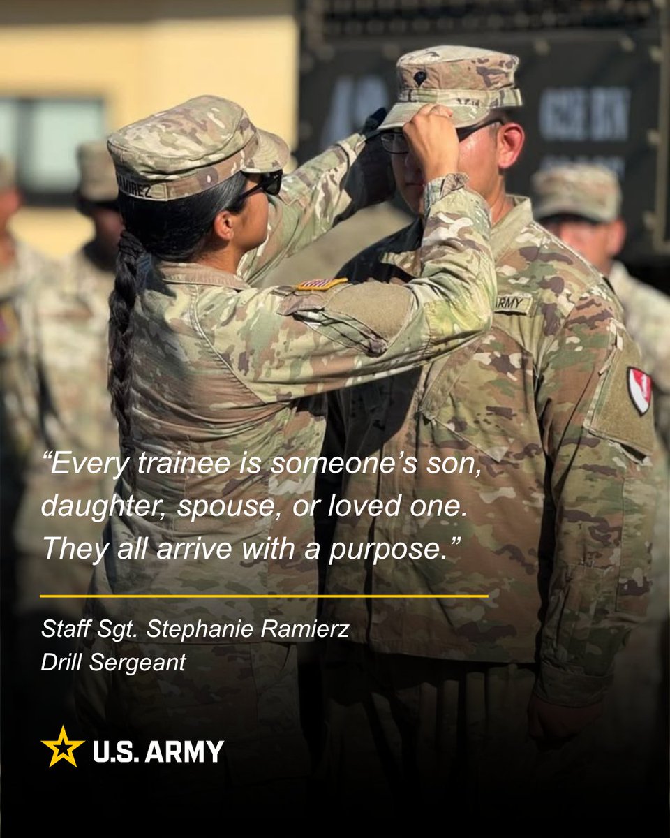Drill Sergeant placing a partol cap on a Soldier.