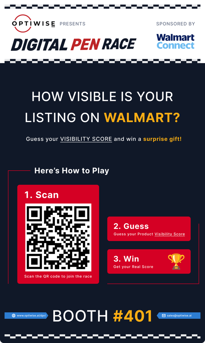 Optiwiseai's tweet photo. How visible is your listing on Walmart?
Guess your visibility score and win a surprise gift!

Bonus: Snap a photo with the Digital Pen Race car, tag @Optiwise.ai on LinkedIn + #DPR for another chance to win.

Booth #401 at Walmart Marketplace Seller Summit 2026

#LetsGrow2026 https://t.co/g2t96TloPF